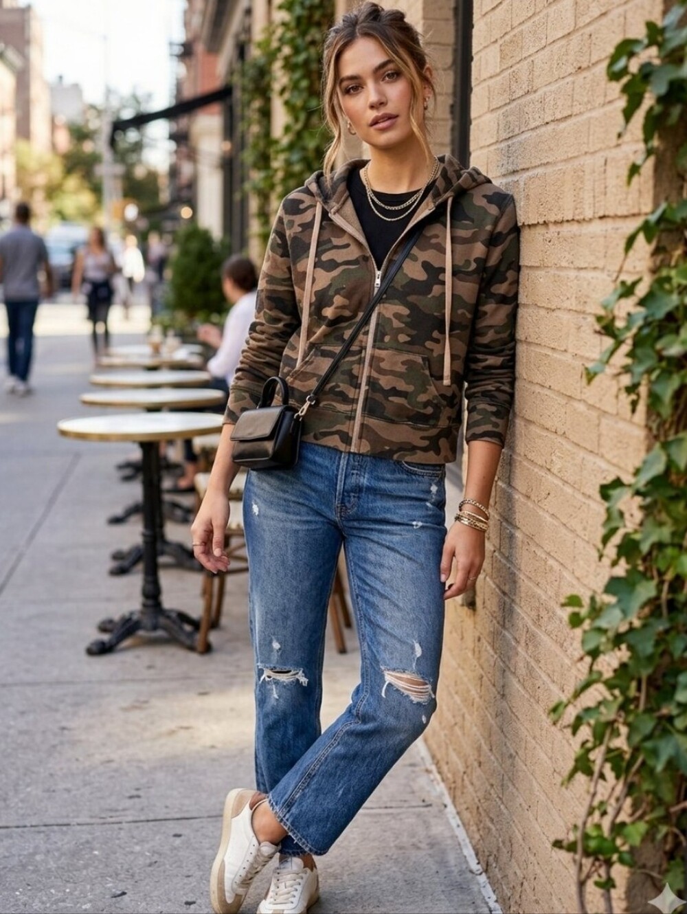 Nili Lotan Callie Zip Up Hoodie Brown Camouflage Women's XS Casual